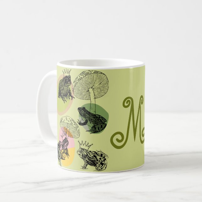 Frogcore and Mushrooms Lover Aesthetic Monogram Coffee Mug (Front Left)