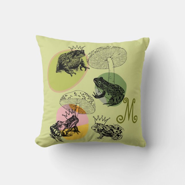 Frogcore and Mushrooms Lover Aesthetic Monogram Throw Pillow (Front)