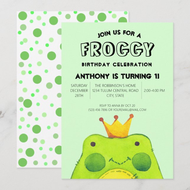 Froggy birthday boy prince First party cute green  Invitation (Front/Back)