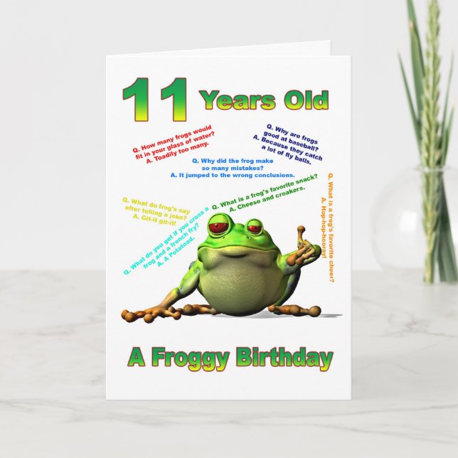 Froggy friend 11th birthday card with froggy jokes (Front)
