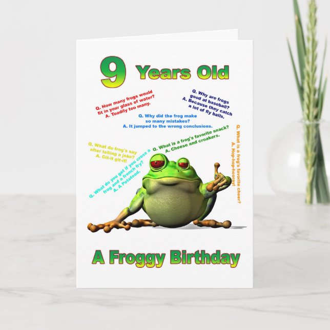Froggy friend 9th birthday card with froggy jokes (Front)