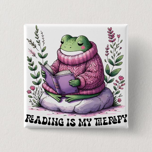 Froggy Reading Is My Therapy 2 Inch Square Button (Front)
