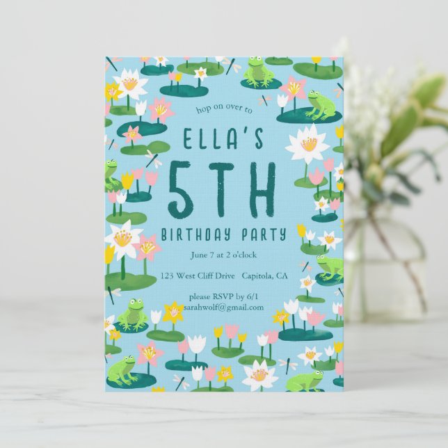 Frogs and Lily Pads Cute CUSTOM BIRTHDAY PARTY Invitation (Standing Front)