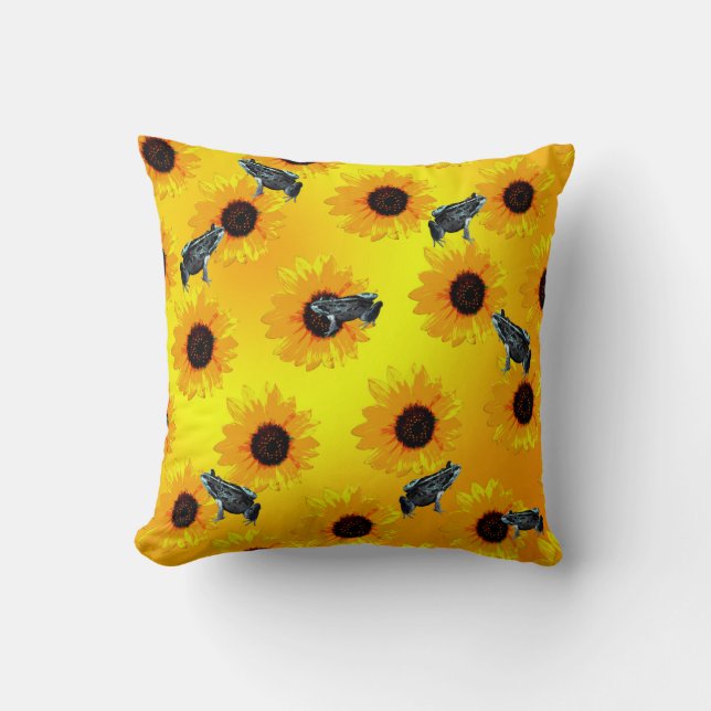 "Frogs and Sunflowers: A Playful Nature Pattern" Throw Pillow (Front)