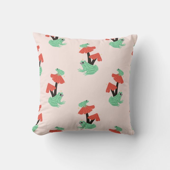 Frogs and Toadstools Delight Throw Pillow (Front)