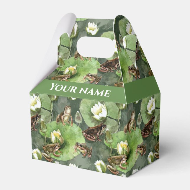 Frogs green and white water lilies favor box (Front Side)
