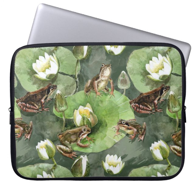 Frogs green and white water lilies laptop sleeve (Front)