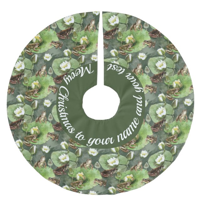 Frogs green and white water lilies pattern  brushed polyester tree skirt (Front)