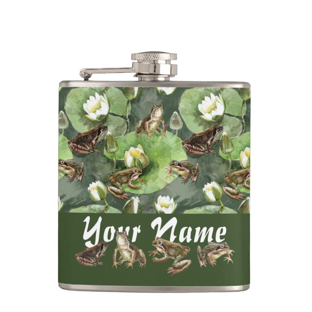 Frogs green and white water lilies pattern  hip flask (Front)