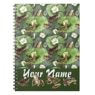Frogs green and white water lilies pattern notebook