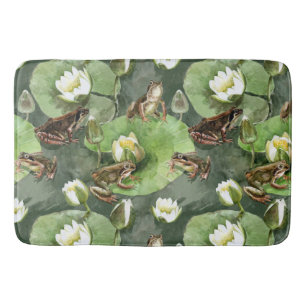 Frogs green and white waterlilies bath mat