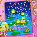 Frogs Happy Birthday postcard<br><div class="desc">Send this cute frog card to someone to wish them a Happy Birthday! This cute card featuring frogs on water lily leaves is sure to make anyone smile. Two funny frogs are hopping about in the background, celebrating the birthday of their friend with cake, presents and flowers. Even the tiny...</div>