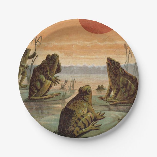 Frogs Lily Pads Moon Illustration Paper Plate (Front)