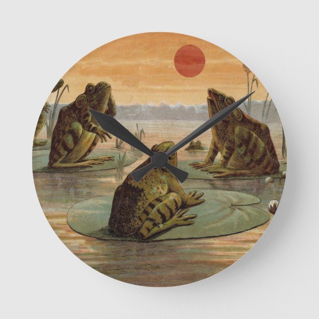 Frogs Lily Pads Moon Illustration Round Clock (Front)