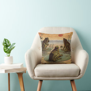 Frogs Lily Pads Moon Illustration Throw Pillow