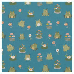 Frogs & Lily Pads on Teal Fabric