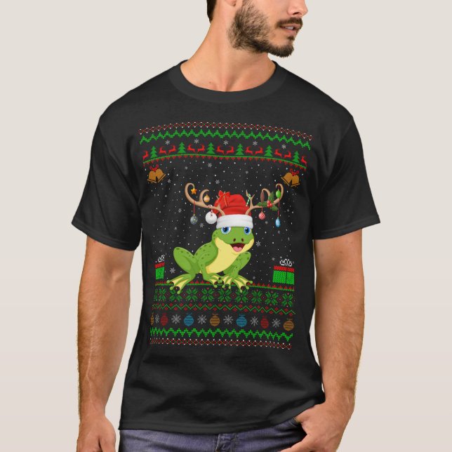Frogs Lover Reindeer Santa Hat Matching Ugly Frog  T-Shirt (Front)