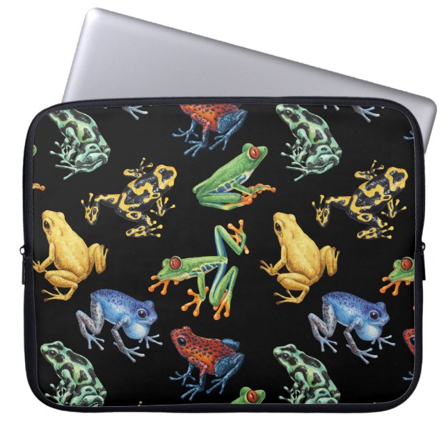 Frogs on black laptop sleeve (Front)