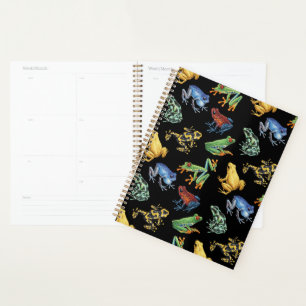 Frogs on black planner