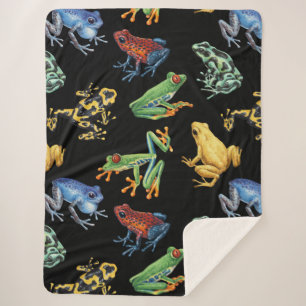 Frogs on black sherpa blanket