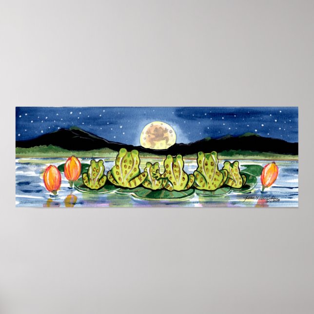 Frogs on Lily Pad Pond Watching Moon Poster Navy (Front)