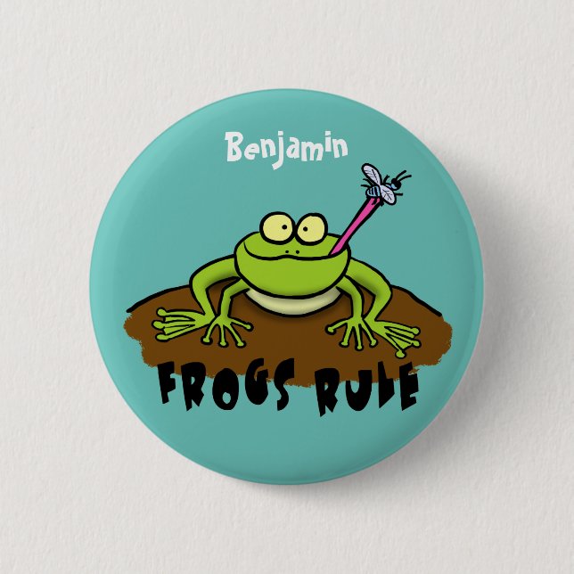 Frogs rule funny green frog cartoon 2 inch round button (Front)