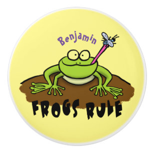Frogs rule funny green frog cartoon ceramic knob