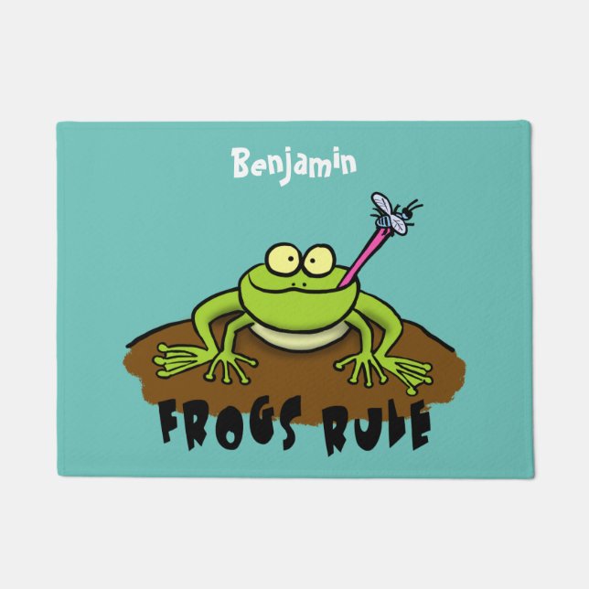 Frogs rule funny green frog cartoon doormat (Front)