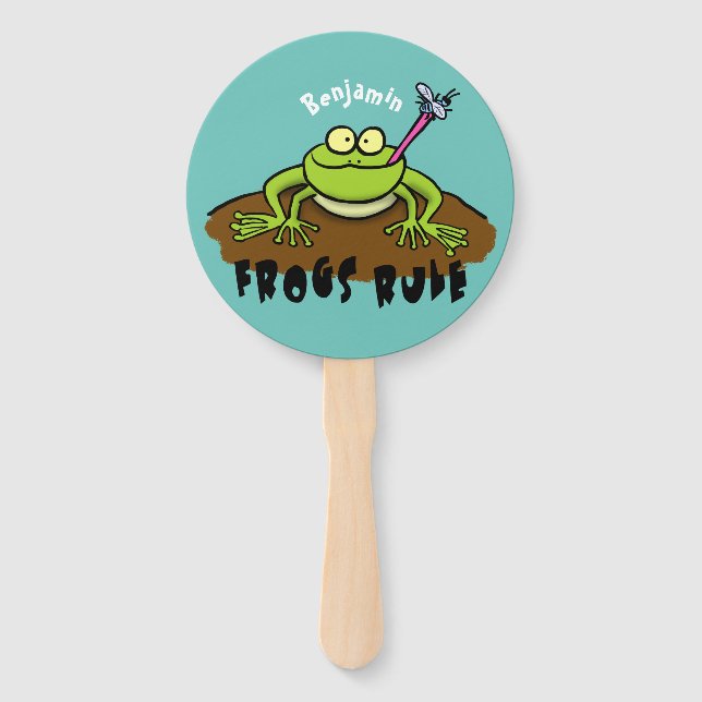 Frogs rule funny green frog cartoon hand fan (Front)