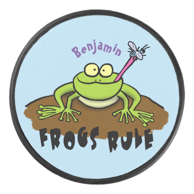 Frogs rule funny green frog cartoon hockey puck (Front)