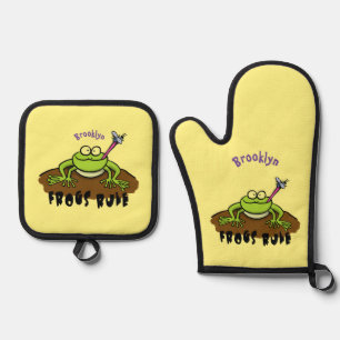 Frogs rule funny green frog cartoon oven mitt & pot holder set