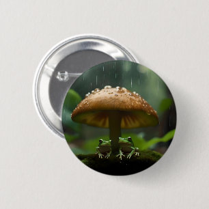 Frogs Sheltering Under Mushroom From Rain, 2 Inch Round Button
