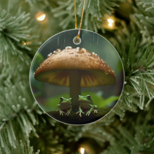 Frogs Sheltering Under Mushroom From Rain, Ceramic Ornament