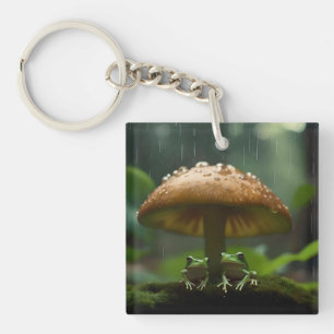 Frogs Sheltering Under Mushroom From Rain, Keychain
