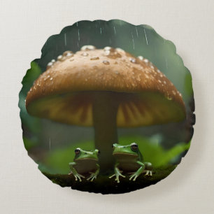 Frogs Sheltering Under Mushroom From Rain, Round Pillow