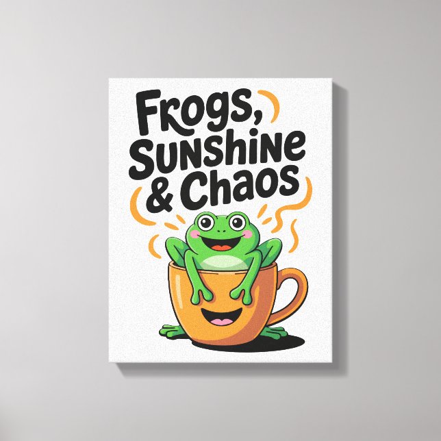 Frogs, Sunshine & Chaos – Cute Frog in Coffee Cup Canvas Print (Front)