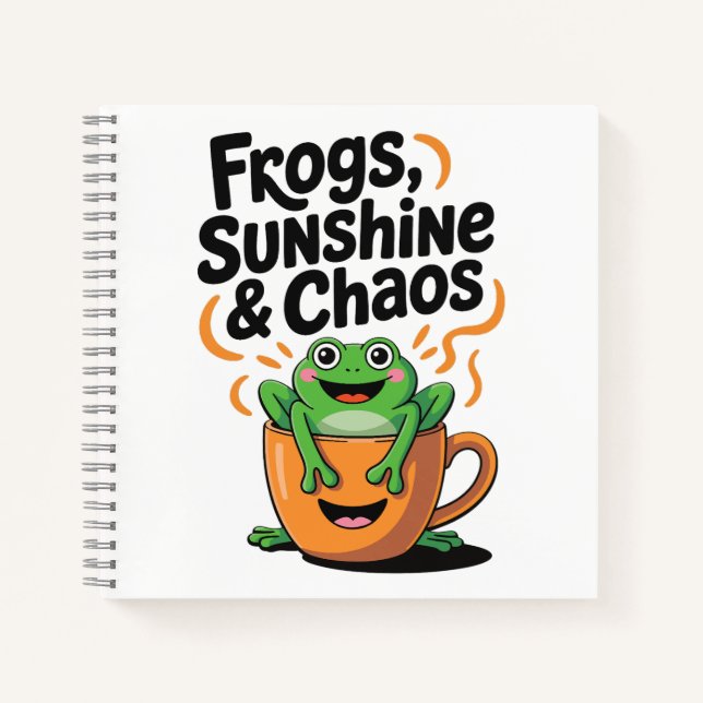 Frogs, Sunshine & Chaos – Cute Frog in Coffee Cup Notebook (Front)