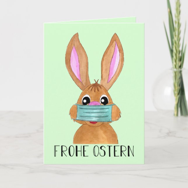 Frohe Ostern German Easter Face masked Bunny Holiday Card (Front)