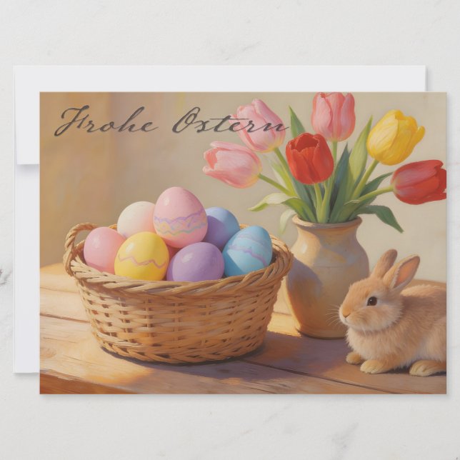 Frohe Ostern mit bunten Eiern und Tulpen (Front)