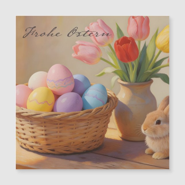 Frohe Ostern mit bunten Eiern und Tulpen (Front)