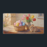 Frohe Ostern mit bunten Eiern und Tulpen Desk Mat<br><div class="desc">Ein liebevolles Osterstillleben mit bunten Ostereiern im Korb,  frischen Tulpen in einer Vase und einem niedlichen Hasen. Das warme Licht und die sanften Farben schaffen eine fröhliche Frühlingsstimmung für ein klassisches Osterfest.</div>