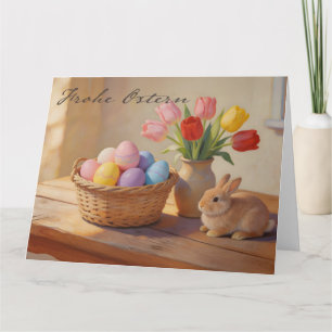Frohe Ostern mit bunten Eiern und Tulpen Thank You Card