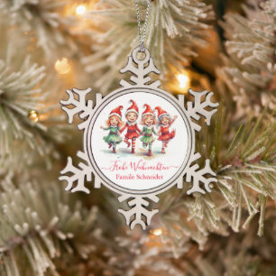Frohe Weihnachten German Christmas elves Snowflake Pewter Christmas Ornament