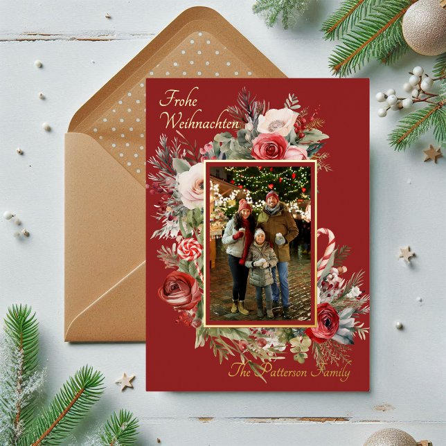 Frohe Weihnachten Photo Floral Foil German Foil Holiday Card (Creator Uploaded)