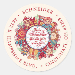 Frohe Weihnachten Wreath USA Red Return Address Classic Round Sticker