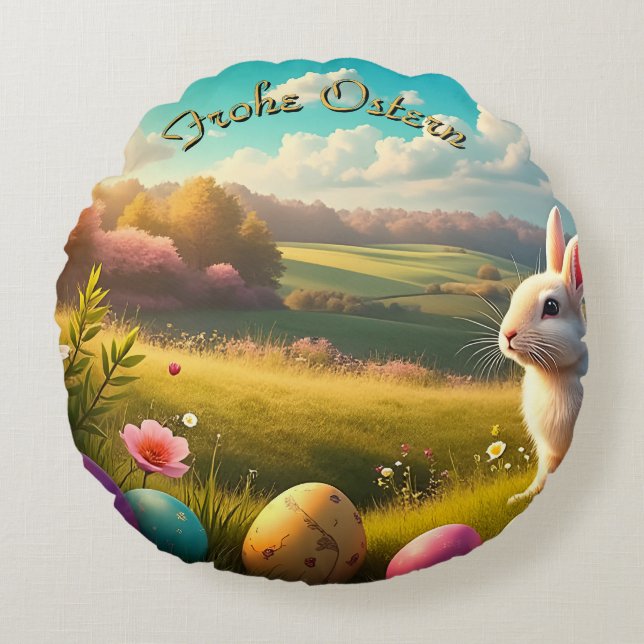 Fröhliche Ostern in einer Frühlingslandschaft Round Pillow (Front)