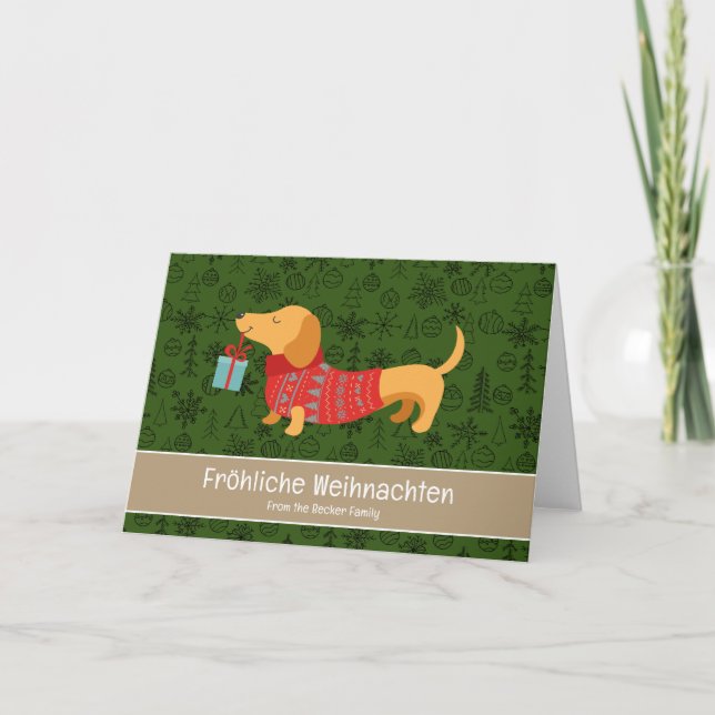 Fröhliche Weihnachten, cute dachshund  Holiday Card (Front)