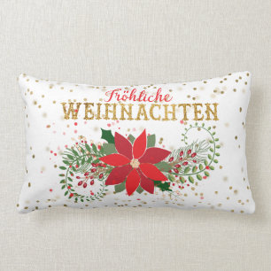 Frohliche Weihnachten Gold Glitter Poinsettia Xmas Lumbar Pillow