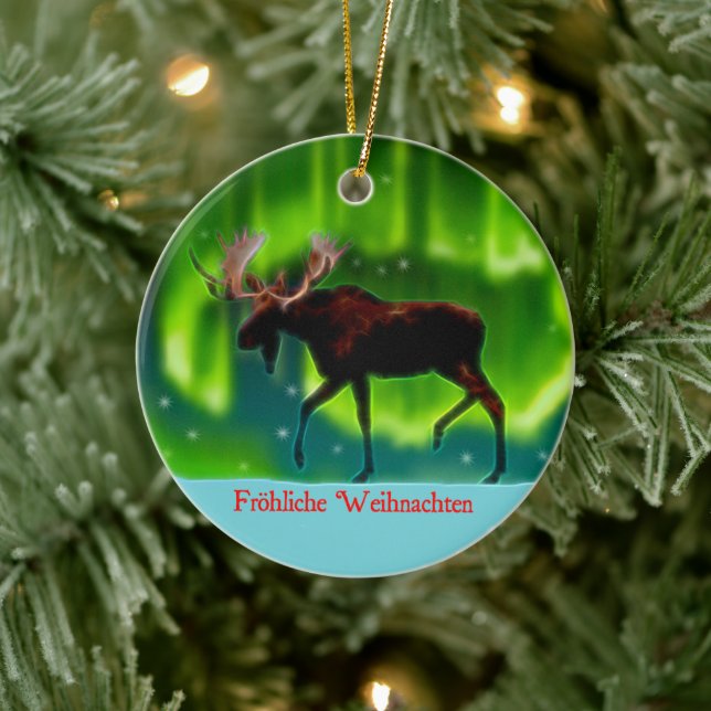 Frohliche Weihnachten - Northern Lights Moose Ceramic Ornament (Tree)