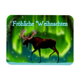 Frohliche Weihnachten - Northern Lights Moose Magnet